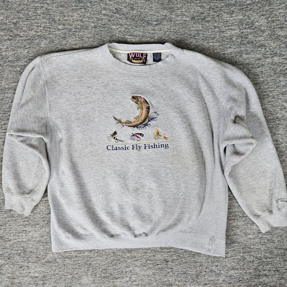 Vintage Wolf Athletic Classic Fly Fishing Gray Crewneck Sweatshirt Size Large